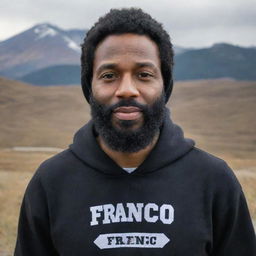 A bearded black man wearing a hooded sweatshirt with the word 'Franco' written on it, standing in front of a majestic mountain range