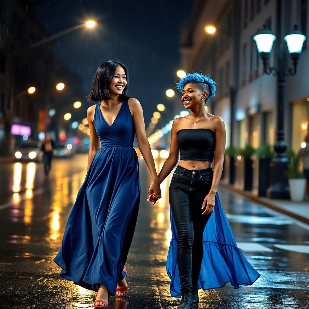 A picturesque scene of two women walking hand in hand in the middle of a rainy street at night, with reflections of streetlights glistening on the wet pavement