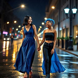 A picturesque scene of two women walking hand in hand in the middle of a rainy street at night, with reflections of streetlights glistening on the wet pavement