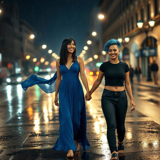 A picturesque scene of two women walking hand in hand in the middle of a rainy street at night, with reflections of streetlights glistening on the wet pavement