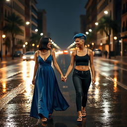 A picturesque scene of two women walking hand in hand in the middle of a rainy street at night, with reflections of streetlights glistening on the wet pavement