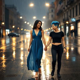 A picturesque scene of two women walking hand in hand in the middle of a rainy street at night, with reflections of streetlights glistening on the wet pavement