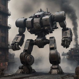 A formidable dieselpunk mecha, detailed with heavy iron plates and rivets, emitting dark puffs of smoke and diesel fumes, positioned in a dystopian industrial landscape.