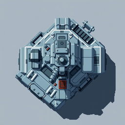 A top-down view of a military turret in pixel art style, designed with a color palette of gray and blue