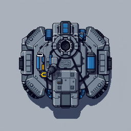 A top-down view of a military turret in pixel art style, designed with a color palette of gray and blue