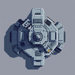 A top-down view of a military turret in pixel art style, designed with a color palette of gray and blue