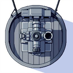 A top-down view of a ship cannon in pixel art style, designed with a color palette of gray and blue