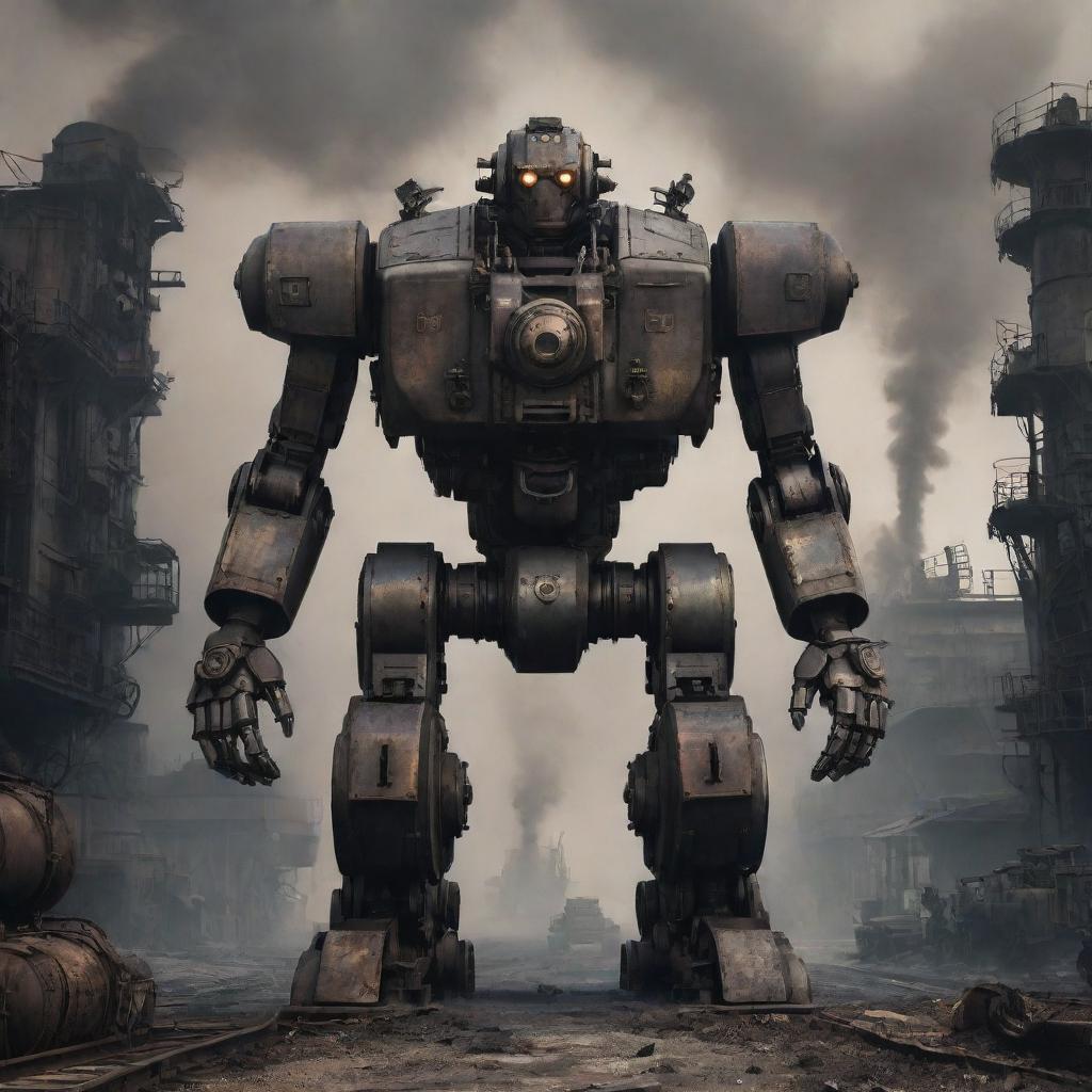 A formidable dieselpunk mecha, detailed with heavy iron plates and rivets, emitting dark puffs of smoke and diesel fumes, positioned in a dystopian industrial landscape.