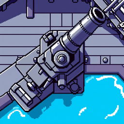 A top-down view of a ship cannon in pixel art style, designed with a color palette of gray and blue