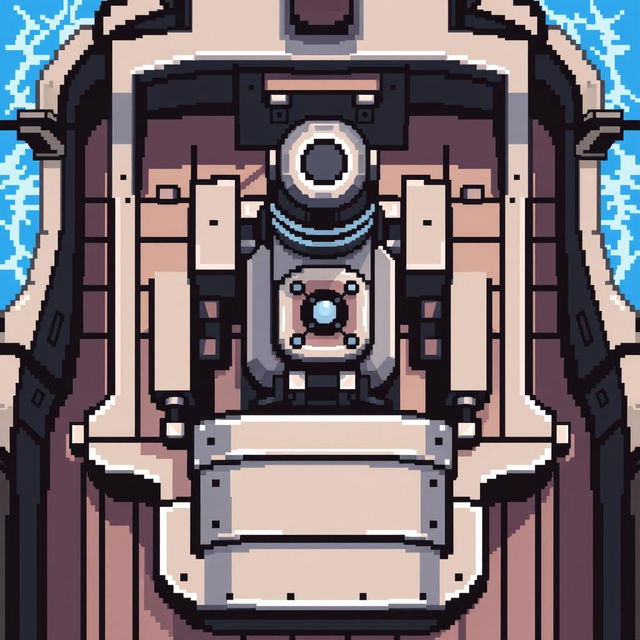 A top-down view of a ship cannon in pixel art style, designed with a color palette of gray and blue