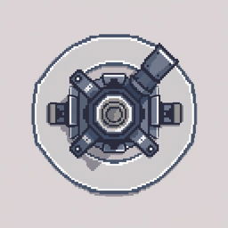 A top-down view of a ship cannon in pixel art style, designed with a color palette of gray and blue