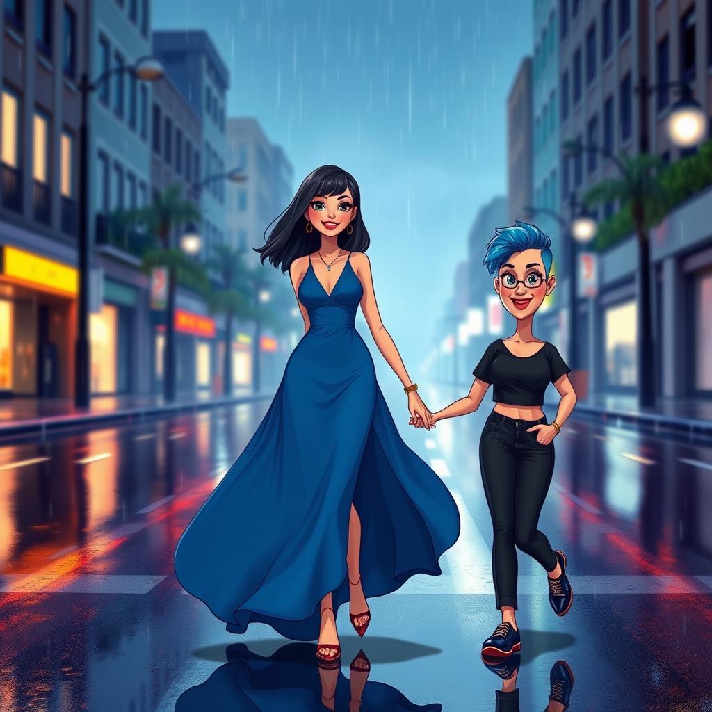 A vibrant animated style scene depicting two women walking hand in hand in the middle of an empty, rainy street at night