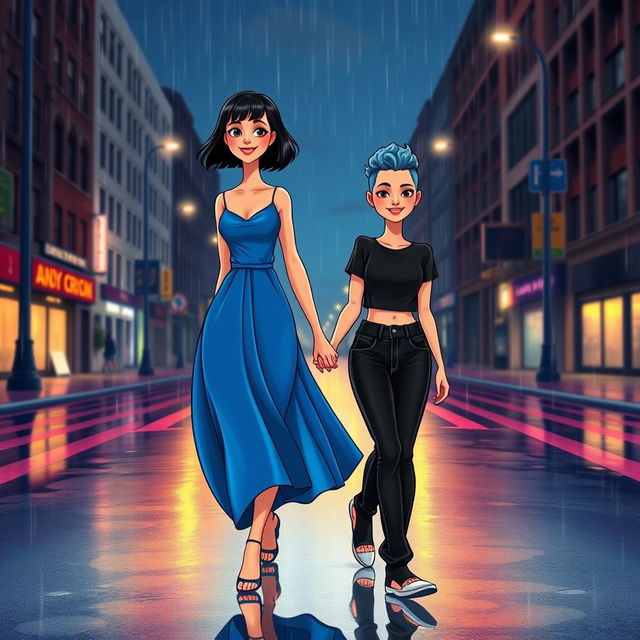 A vibrant animated style scene depicting two women walking hand in hand in the middle of an empty, rainy street at night