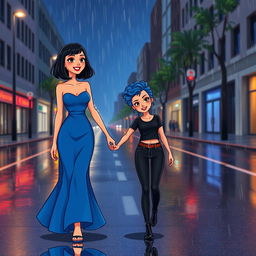 A vibrant animated style scene depicting two women walking hand in hand in the middle of an empty, rainy street at night