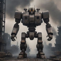 A formidable dieselpunk mecha, detailed with heavy iron plates and rivets, emitting dark puffs of smoke and diesel fumes, positioned in a dystopian industrial landscape.