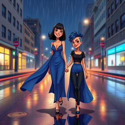 A vibrant animated style scene depicting two women walking hand in hand in the middle of an empty, rainy street at night