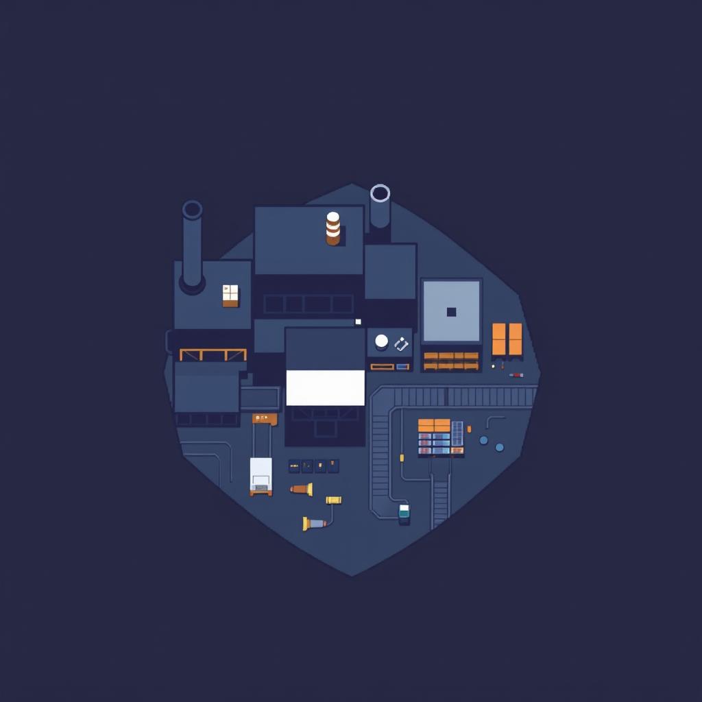 A top-down view of a factory in pixel art style, featuring a minimalist design with a color palette of dark blue and dark gray