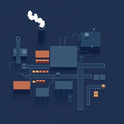 A top-down view of a factory in pixel art style, featuring a minimalist design with a color palette of dark blue and dark gray