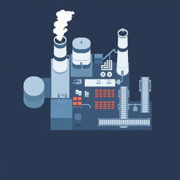 A top-down view of a factory in pixel art style, featuring a minimalist design with a color palette of dark blue and dark gray