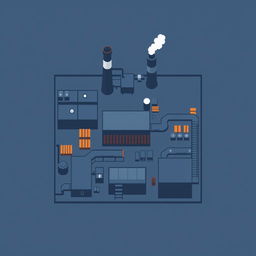 A top-down view of a factory in pixel art style, featuring a minimalist design with a color palette of dark blue and dark gray