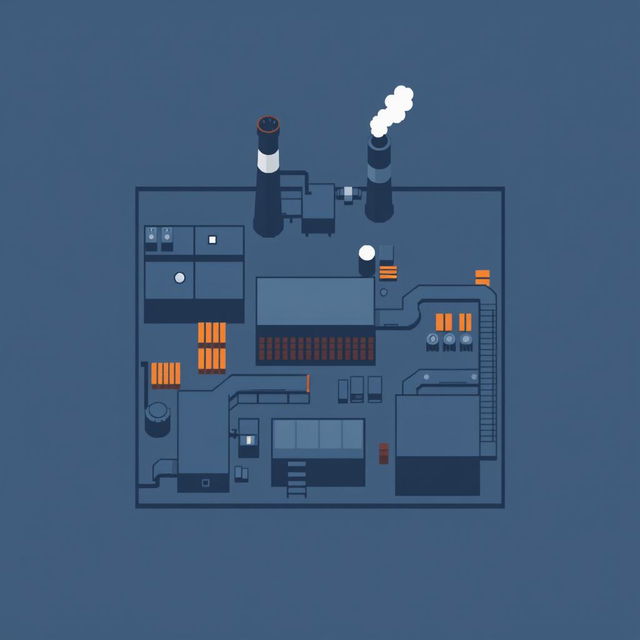 A top-down view of a factory in pixel art style, featuring a minimalist design with a color palette of dark blue and dark gray