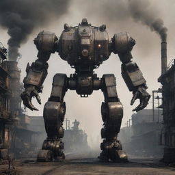 A formidable dieselpunk mecha, detailed with heavy iron plates and rivets, emitting dark puffs of smoke and diesel fumes, positioned in a dystopian industrial landscape.