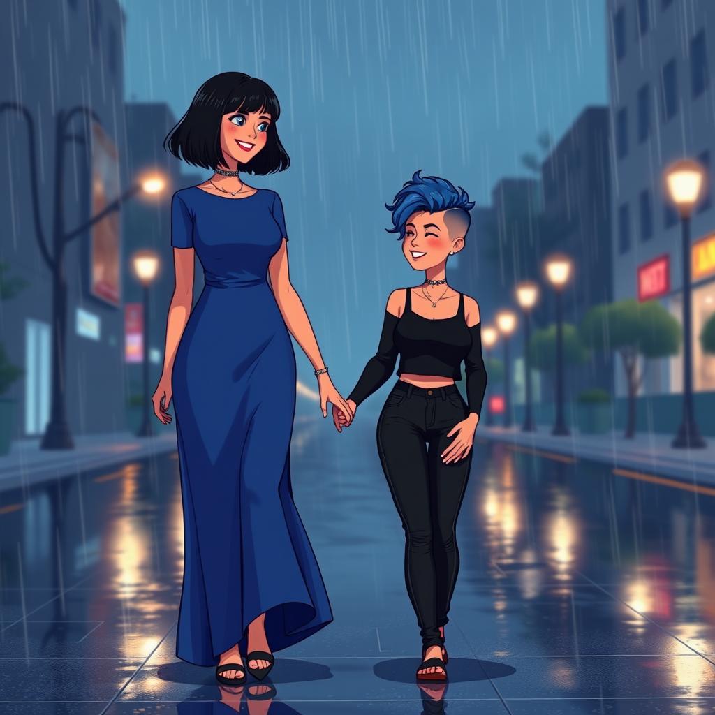 An animated style illustration of two women walking hand in hand on a rainy night, joyfully smiling at each other