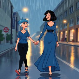 An animated style illustration of two women walking hand in hand on a rainy night, joyfully smiling at each other