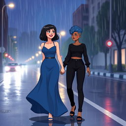 An animated style illustration of two women walking hand in hand on a rainy night, joyfully smiling at each other