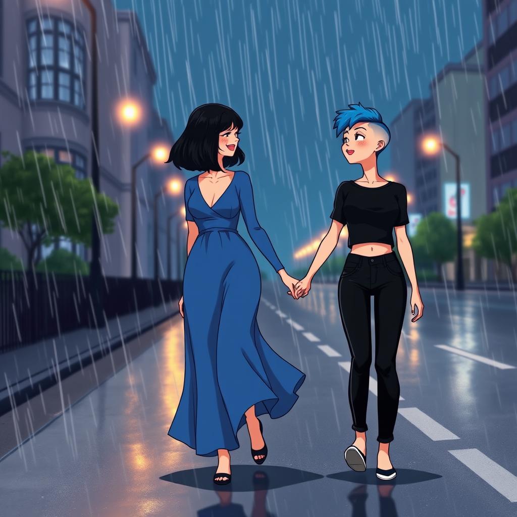 An animated style illustration of two women walking hand in hand on a rainy night, joyfully smiling at each other