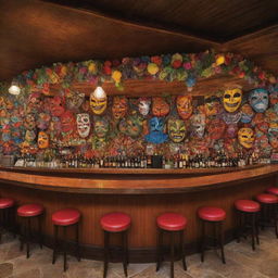 Generate an image of a lively bar with the theme of Panamanian 'diablitos'. The bar should have colorful decorations inspired by 'diablitos' masks and costumes, with Panama folk dance motifs on the walls, the bar counter, and seating arrangements.