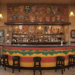 Generate an image of a lively bar with the theme of Panamanian 'diablitos'. The bar should have colorful decorations inspired by 'diablitos' masks and costumes, with Panama folk dance motifs on the walls, the bar counter, and seating arrangements.