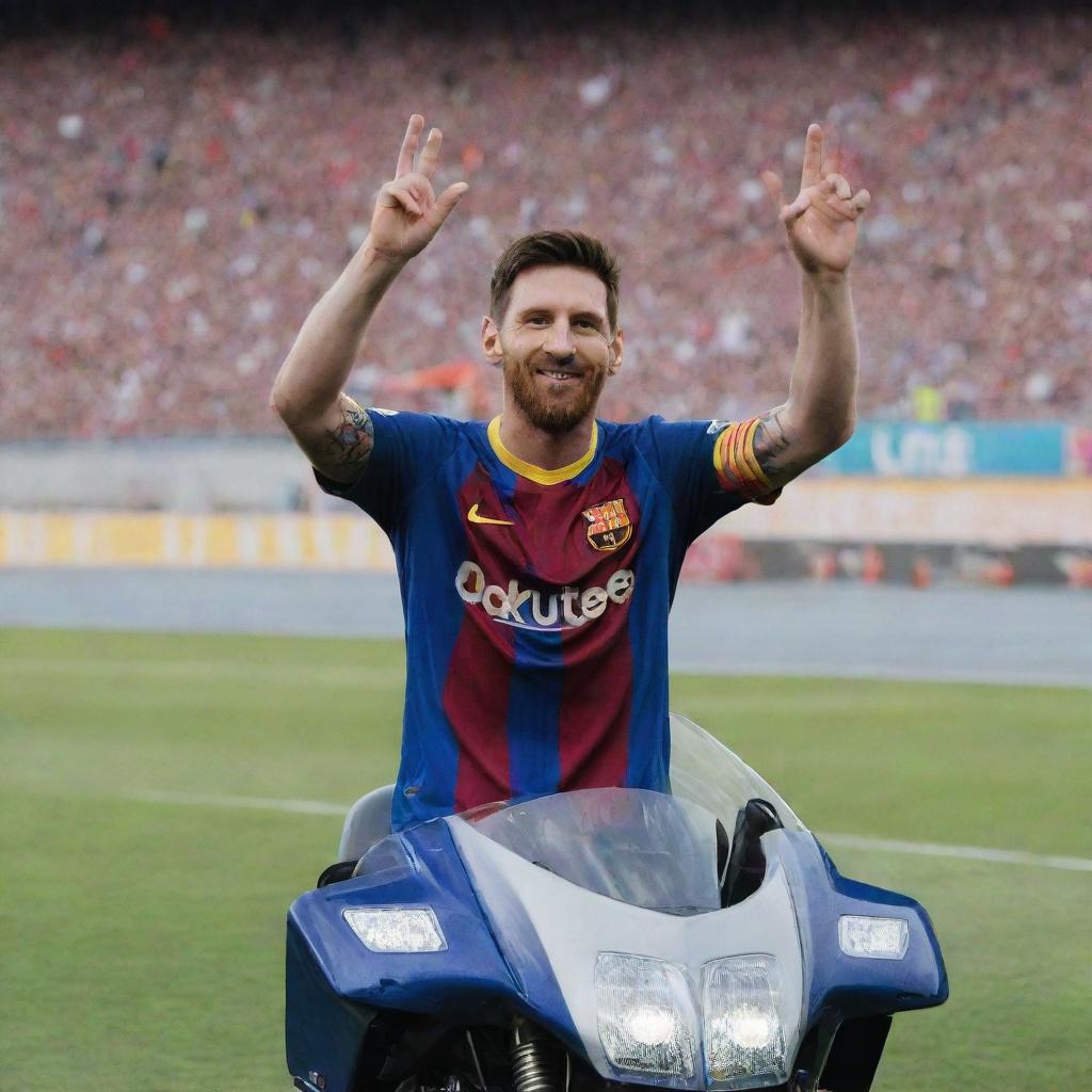 Lionel Messi in full football gear, smiling and saluting, atop a sleek sports motorcycle, parked in a stadium with an enthusiastic crowd in the background.