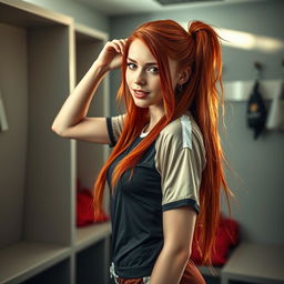 A sexy redhead girl in a club changing room, wearing an alluring soccer outfit while tidying up her hair