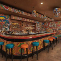 Generate an image of a lively bar with the theme of Panamanian 'diablitos'. The bar should have colorful decorations inspired by 'diablitos' masks and costumes, with Panama folk dance motifs on the walls, the bar counter, and seating arrangements.