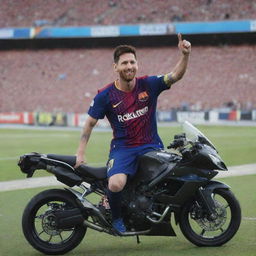 Lionel Messi in full football gear, smiling and saluting, atop a sleek sports motorcycle, parked in a stadium with an enthusiastic crowd in the background.