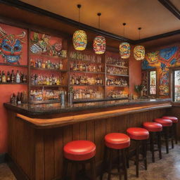 Generate an image of a lively bar with the theme of Panamanian 'diablitos'. The bar should have colorful decorations inspired by 'diablitos' masks and costumes, with Panama folk dance motifs on the walls, the bar counter, and seating arrangements.