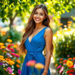 A beautiful young woman with long flowing hair, wearing a stylish blue dress, standing in a picturesque garden filled with colorful flowers