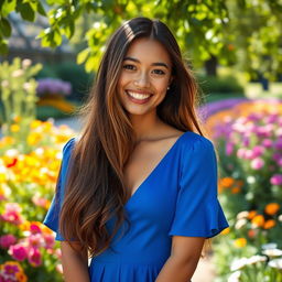 A beautiful young woman with long flowing hair, wearing a stylish blue dress, standing in a picturesque garden filled with colorful flowers