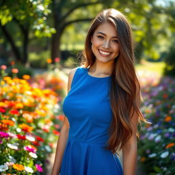 A beautiful young woman with long flowing hair, wearing a stylish blue dress, standing in a picturesque garden filled with colorful flowers