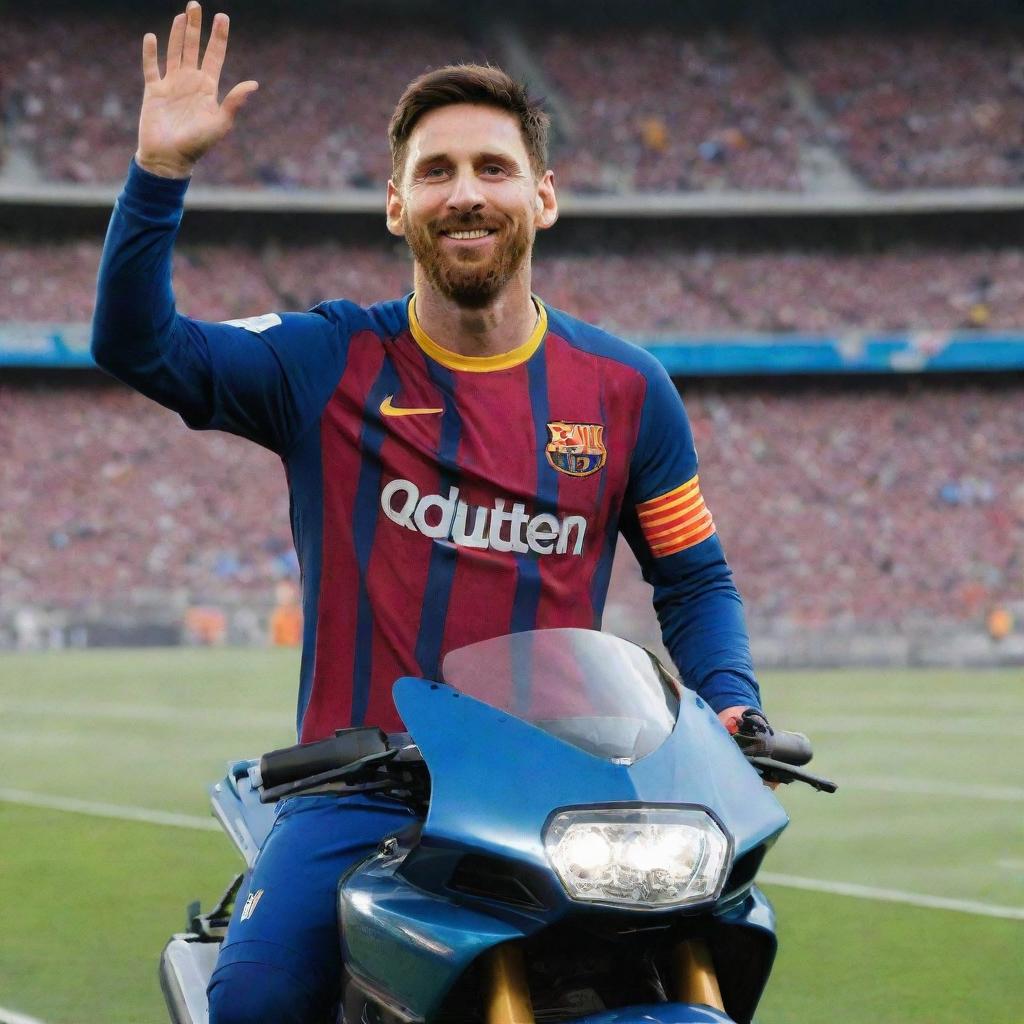 Lionel Messi in full football gear, smiling and saluting, atop a sleek sports motorcycle, parked in a stadium with an enthusiastic crowd in the background.