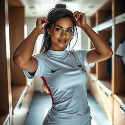 A sexy Latina girl in a club changing room, wearing a form-fitting Tottenham Hotspur football uniform while tidying up her hair