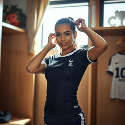 A sexy Latina girl in a club changing room, wearing a form-fitting Tottenham Hotspur football uniform while tidying up her hair