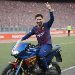 Lionel Messi in full football gear, smiling and saluting, atop a sleek sports motorcycle, parked in a stadium with an enthusiastic crowd in the background.