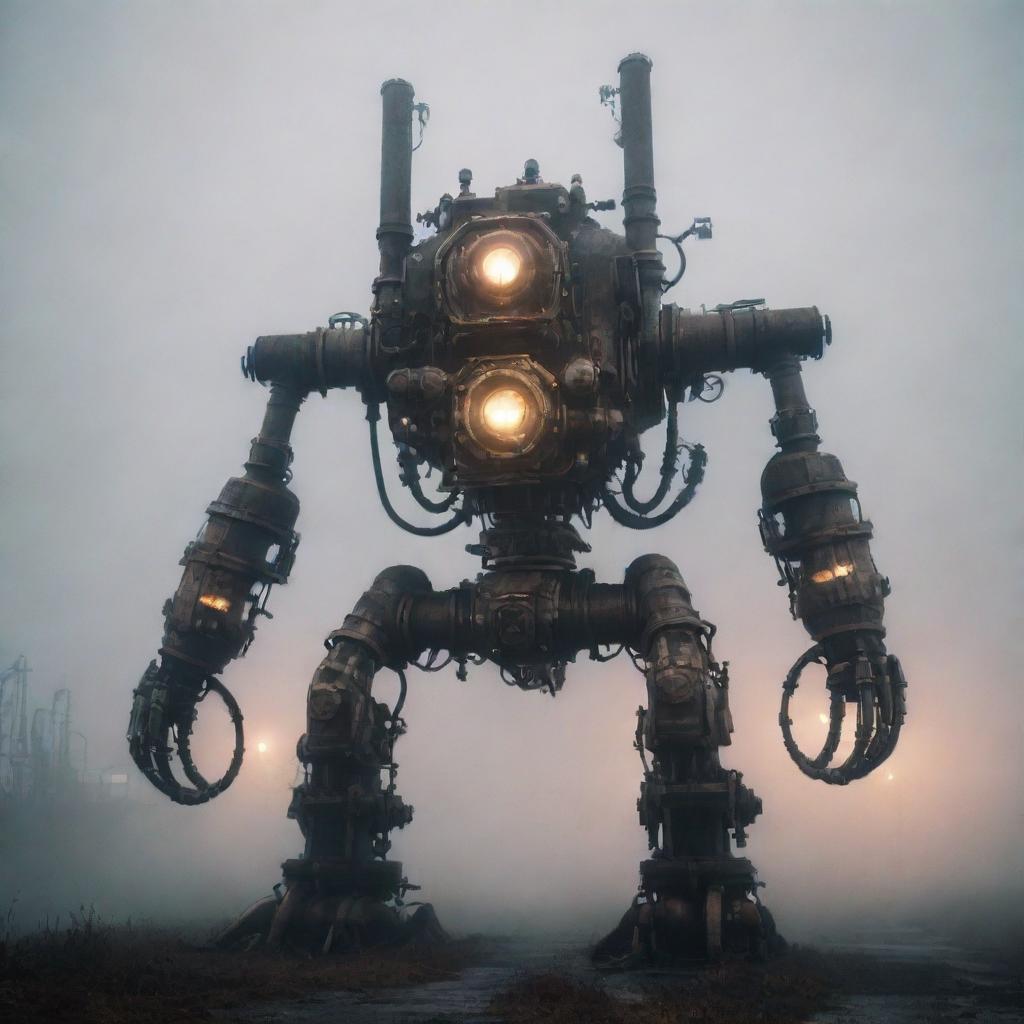 A giant gaspunk mecha, designed with ornate gas pipes and valves, emitting a soft glow from gas conditions, encapsulated in a fantastical, foggy landscape.