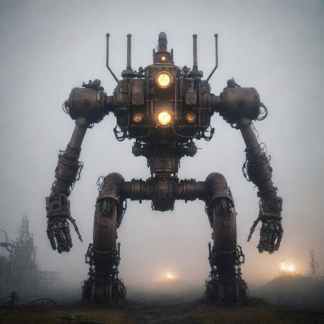 A giant gaspunk mecha, designed with ornate gas pipes and valves, emitting a soft glow from gas conditions, encapsulated in a fantastical, foggy landscape.