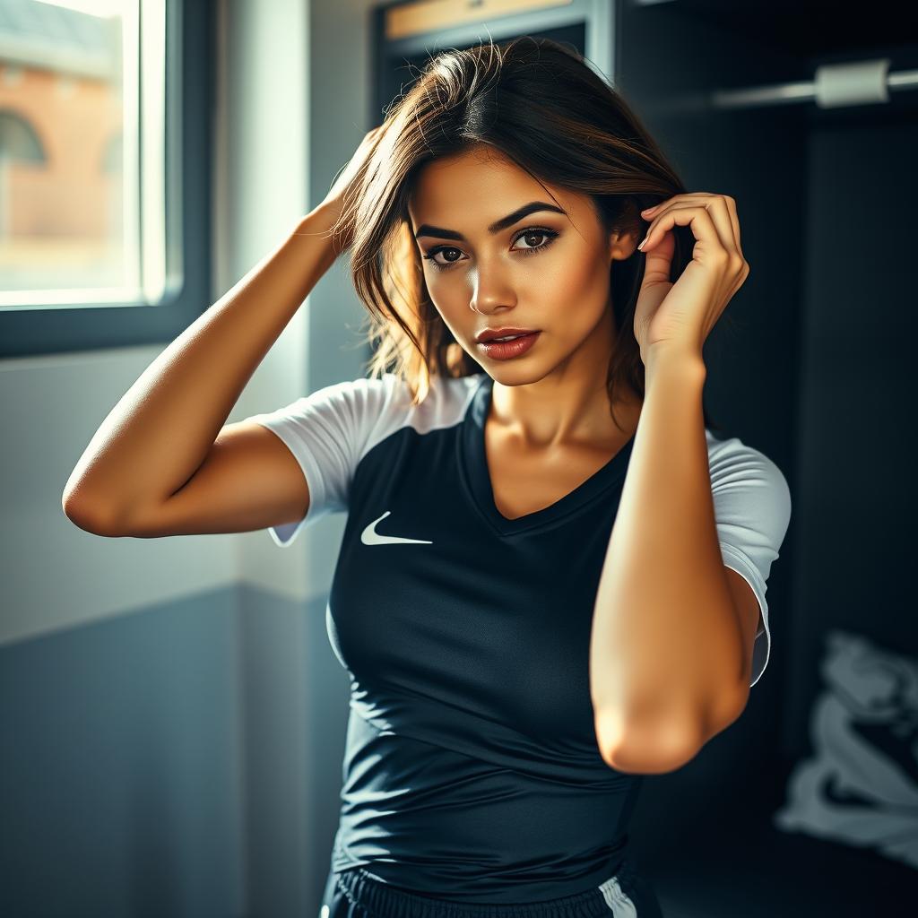 A sexy Latina girl in her club changing room, wearing a tight-fitting Tottenham Hotspur football uniform while tidying up her hair