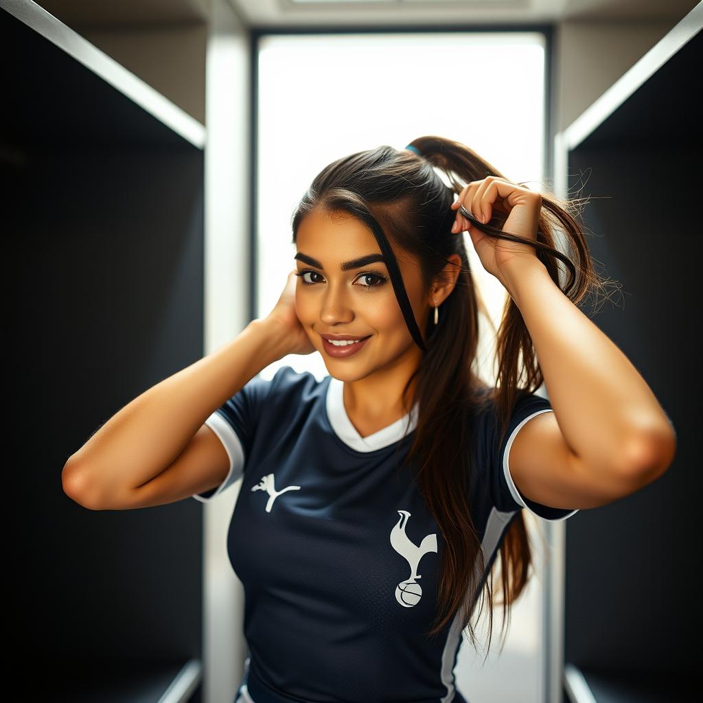 A sexy Latina girl in her club changing room, dressed in a snug and stylish Tottenham Hotspur football uniform, actively tidying up her hair