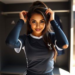 A sexy Latina girl in her club changing room, dressed in a snug and stylish Tottenham Hotspur football uniform, actively tidying up her hair