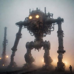 A giant gaspunk mecha, designed with ornate gas pipes and valves, emitting a soft glow from gas conditions, encapsulated in a fantastical, foggy landscape.